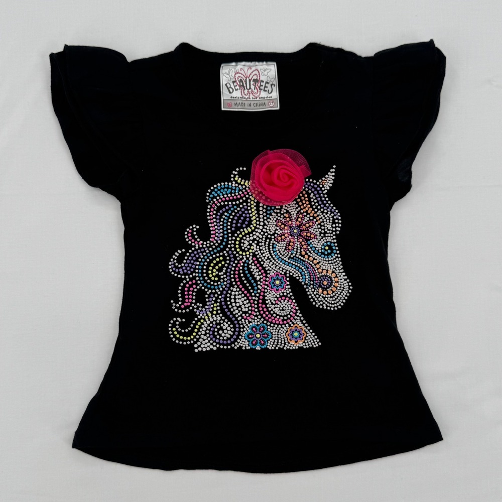 Beautees Unicorn Ruffle Graphic Tee Shirt Kids Size 2T Mcbling Black Rhinestone